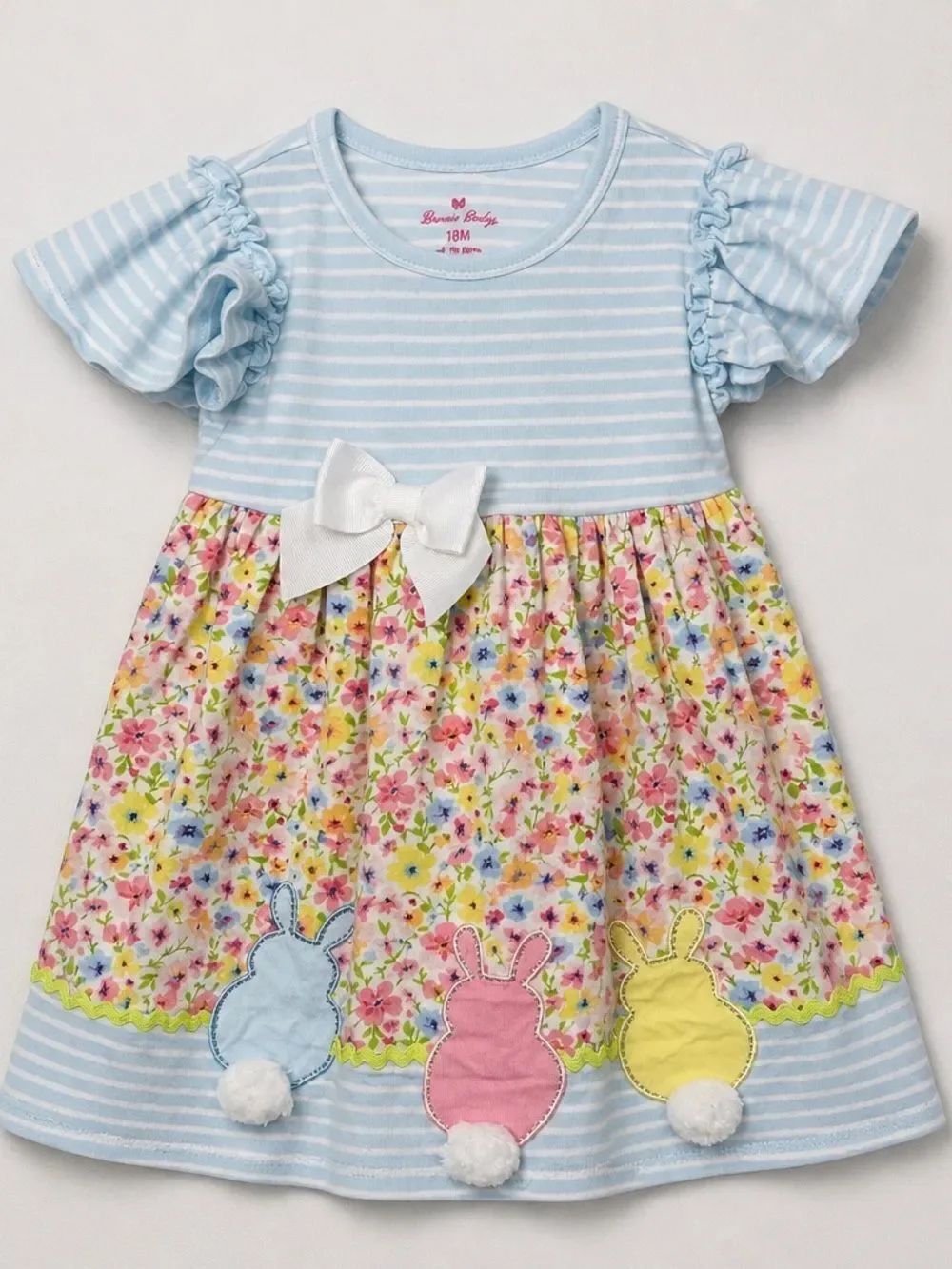 Bonnie Baby blue and pink floral flutter sleeve knit dress with bunny appliqués